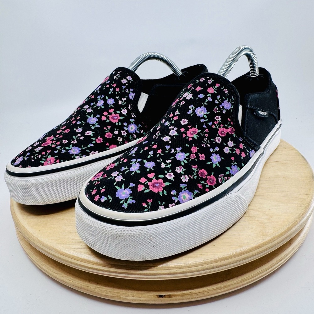 Vans Asher Womens 6.5 Black Ditsy Floral Slip On Skate Shoes